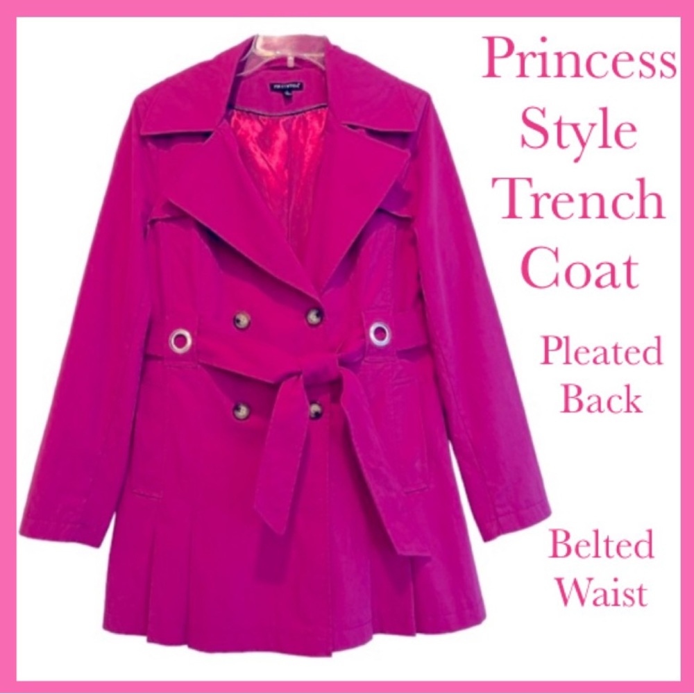 Princess Tailored Trench Coat Belted Double Breasted Pleated Hot Pink Size Large - Picture 16 of 16